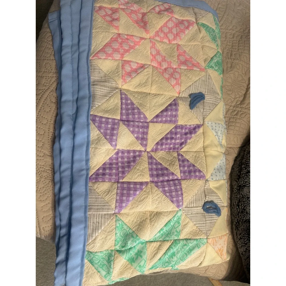Handmade Patchwork Star Quilt Throw Blanket Gingham Polka Dot Cottagecore 58x48